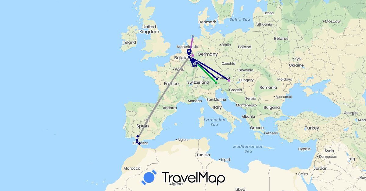 TravelMap itinerary: driving, bus, plane, cycling, train in Austria, Germany, Spain, Netherlands (Europe)